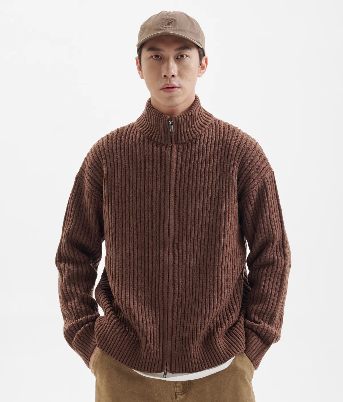 BUTTBILL 24AW hollow stand-up neck cardigan zipper sweater jacket