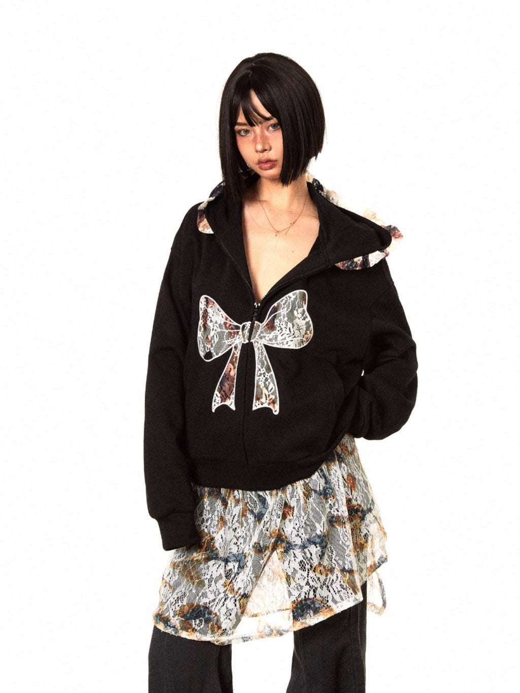 BLACKBB Lace Bow Panelled Cropped Embroidered Zipper Jacket