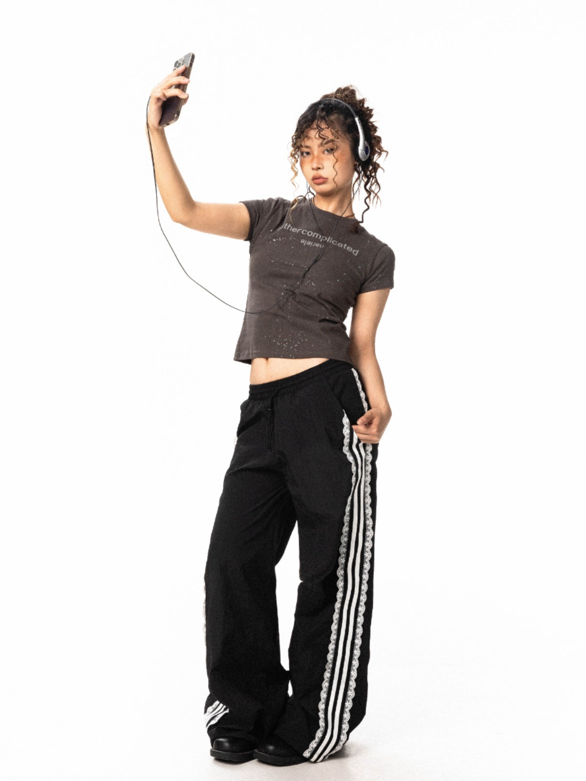 BLACKBB Lace Trim Striped Wide Legs Pants Design