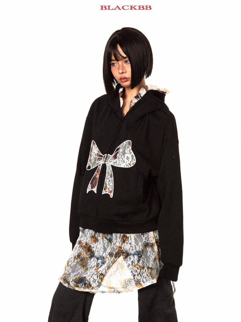 BLACKBB Lace Bow Panelled Cropped Embroidered Zipper Jacket