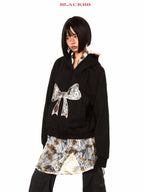 BLACKBB Lace Bow Panelled Cropped Embroidered Zipper Jacket