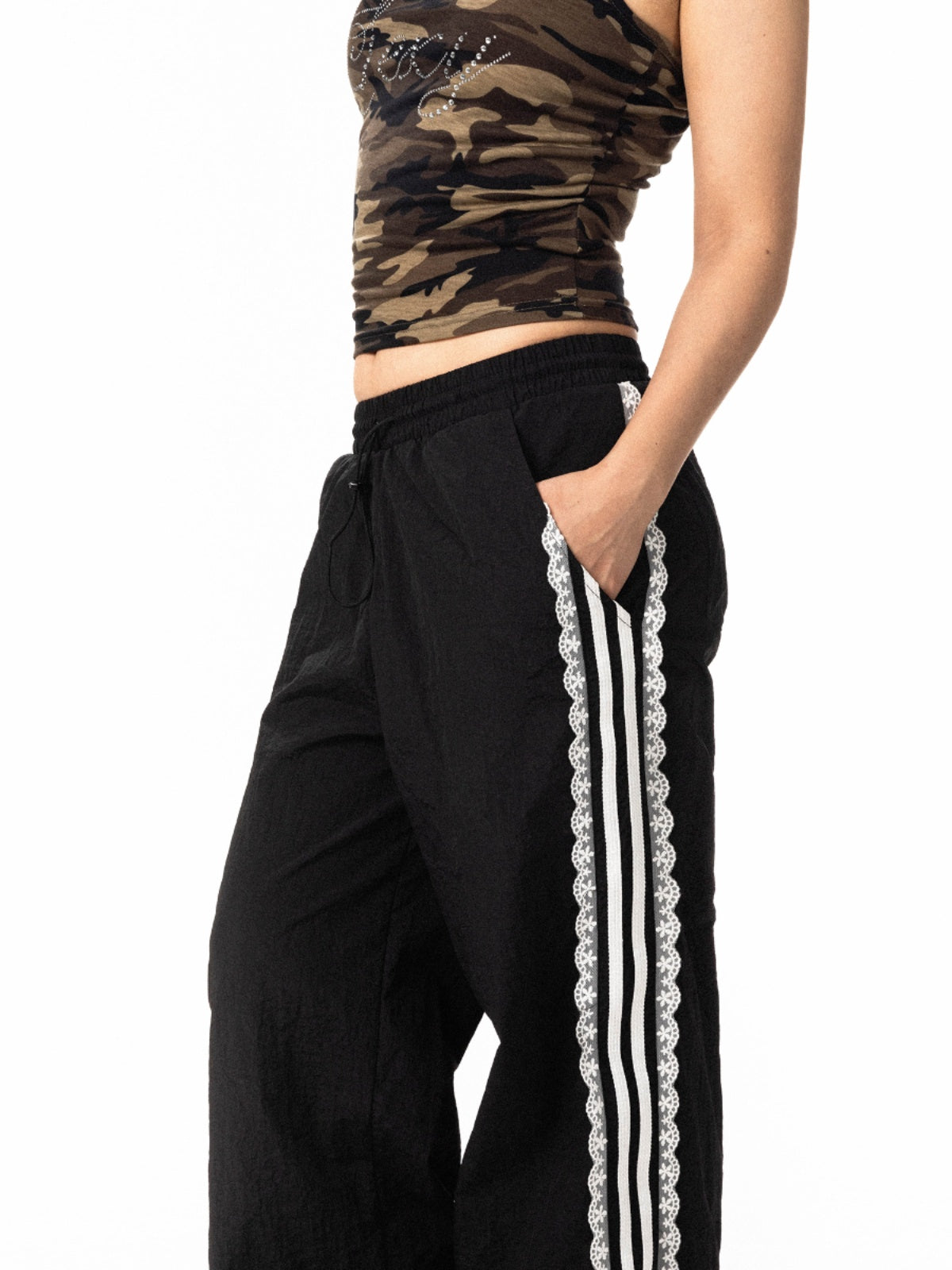 BLACKBB Lace Trim Striped Wide Legs Pants Design