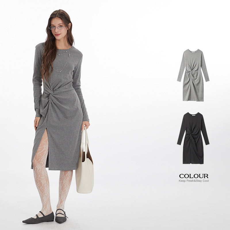 Nariele Slit ruffle design crew waist long Dress