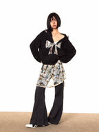 BLACKBB Lace Bow Panelled Cropped Embroidered Zipper Jacket