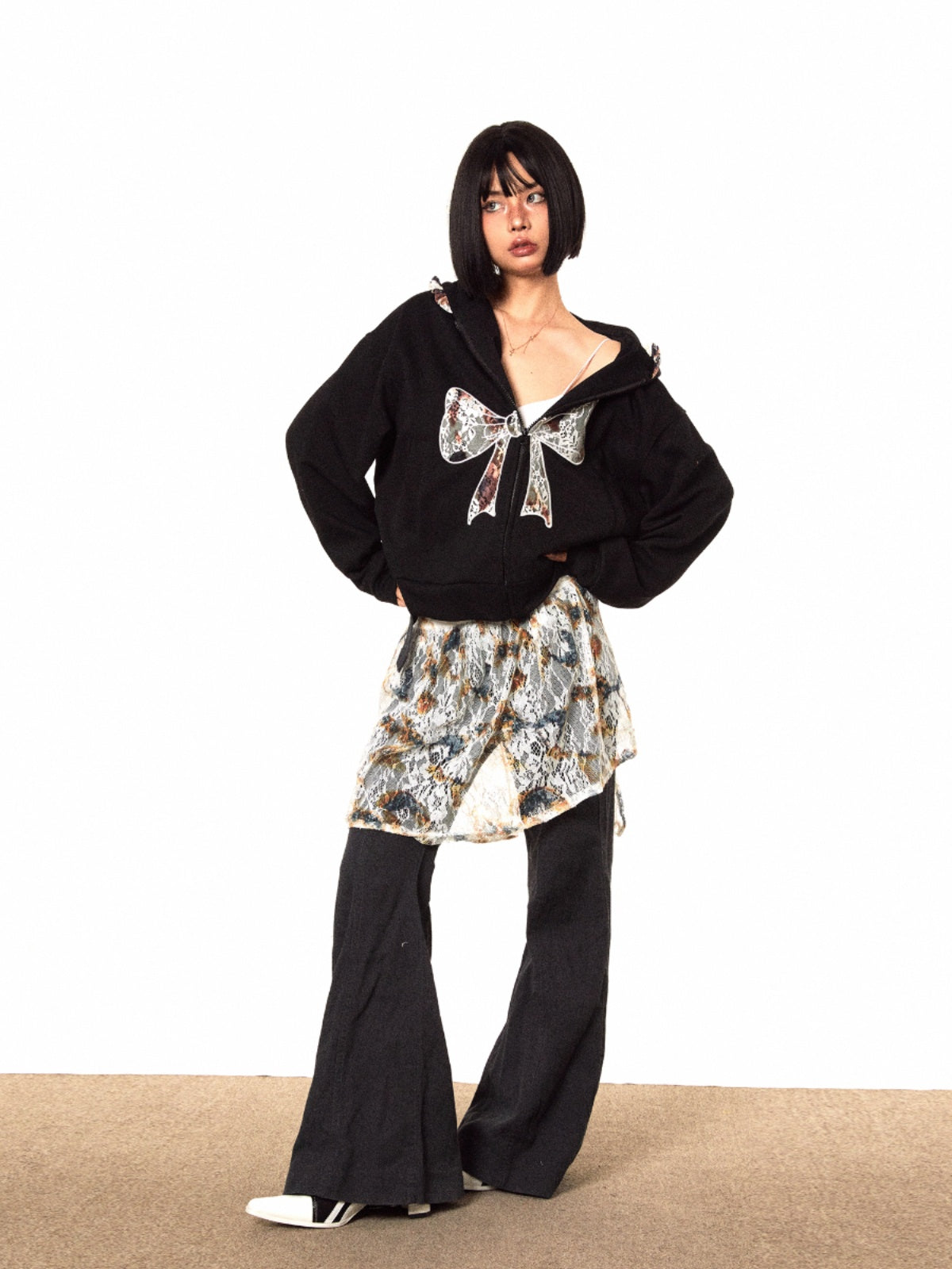 BLACKBB Lace Bow Panelled Cropped Embroidered Zipper Jacket