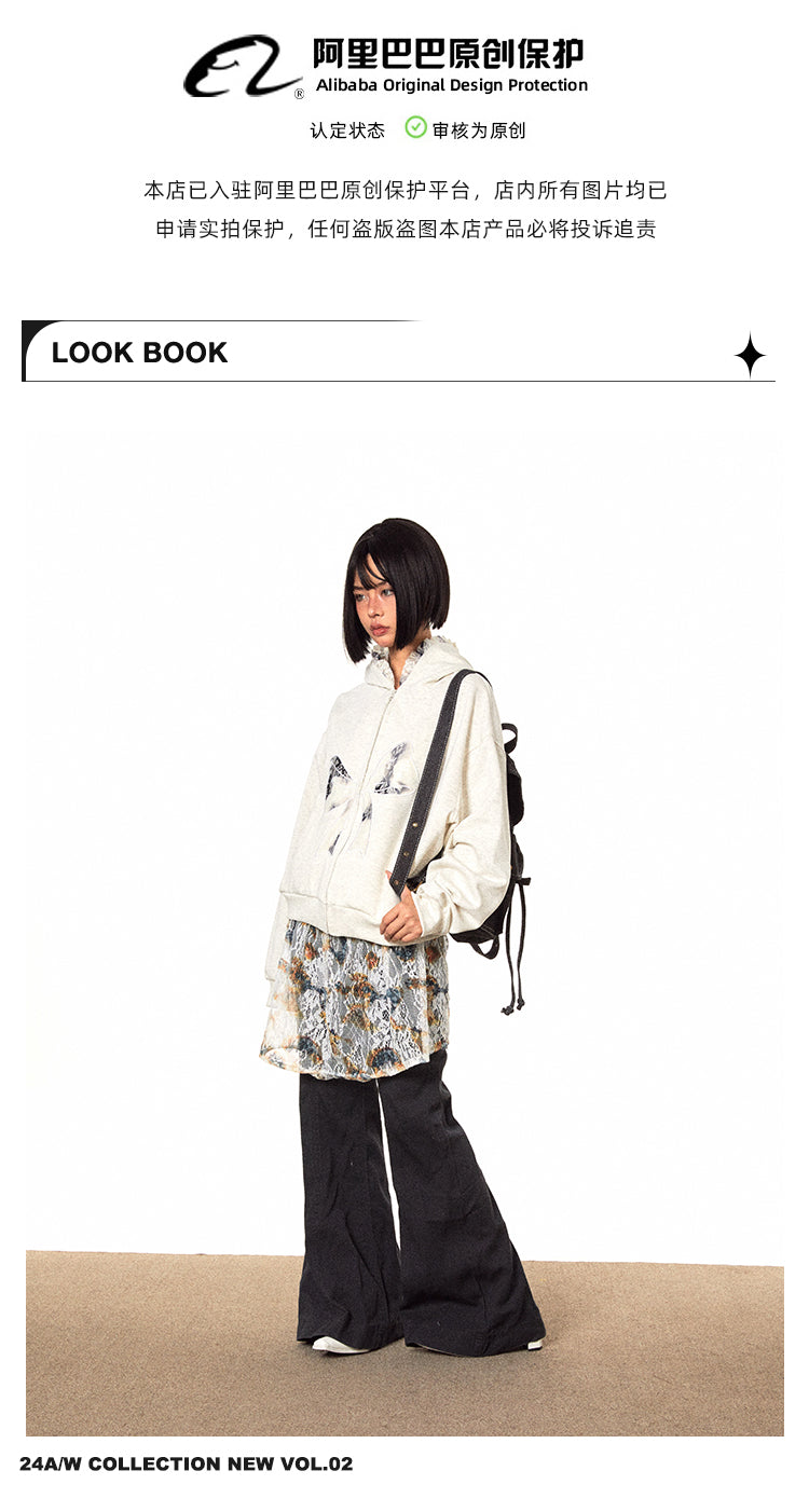 BLACKBB Lace Bow Panelled Cropped Embroidered Zipper Jacket