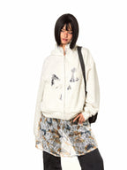 BLACKBB Lace Bow Panelled Cropped Embroidered Zipper Jacket