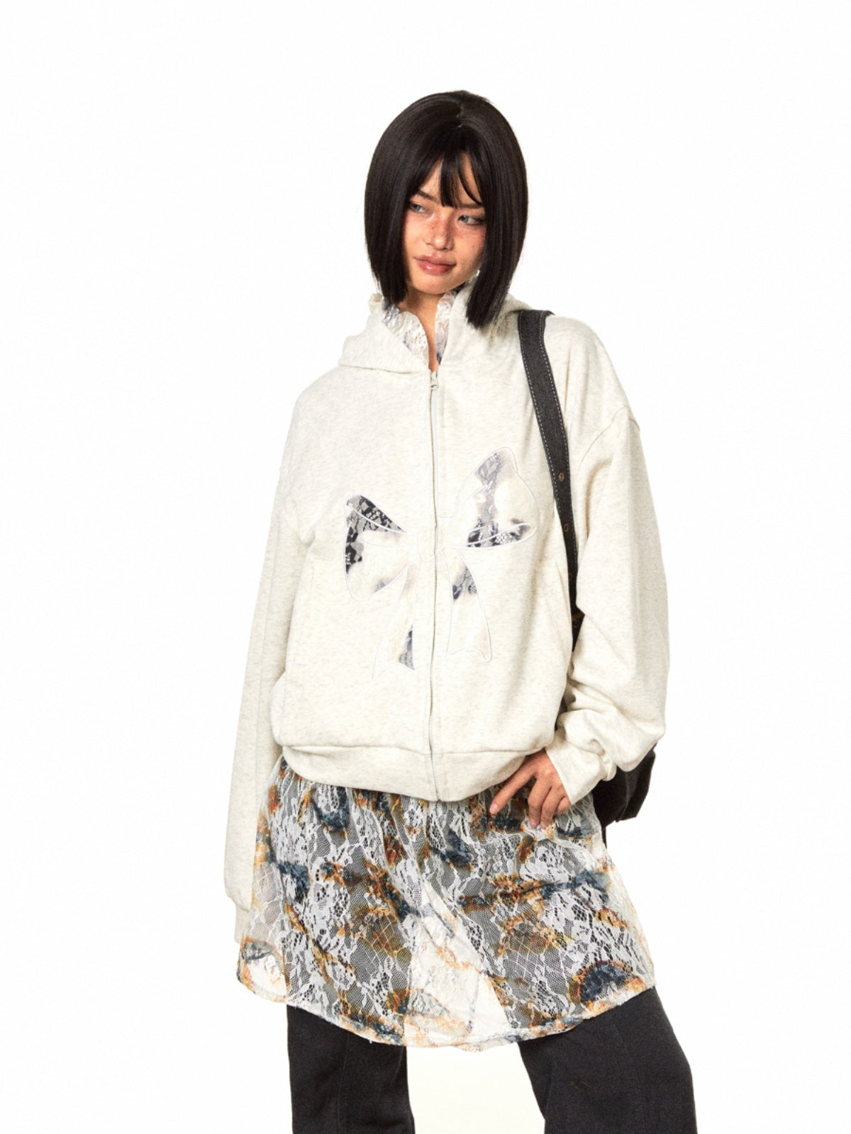 BLACKBB Lace Bow Panelled Cropped Embroidered Zipper Jacket