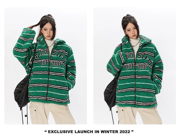 BLACKBB Contrasting Striped Fleece Embroidered Cotton Jacket