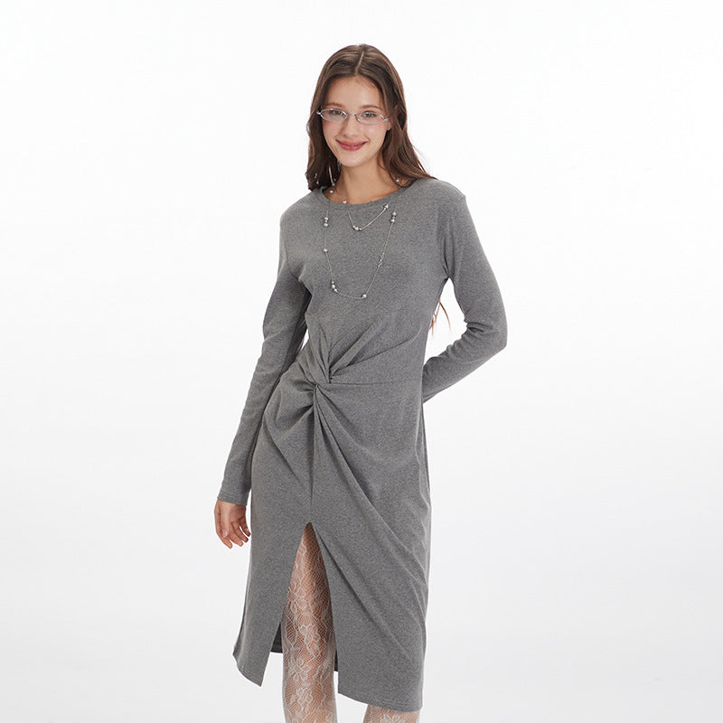 Nariele Slit ruffle design crew waist long Dress