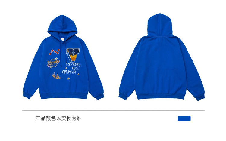 BLACKBB Loose Fleece Cartoon Print Hoodie