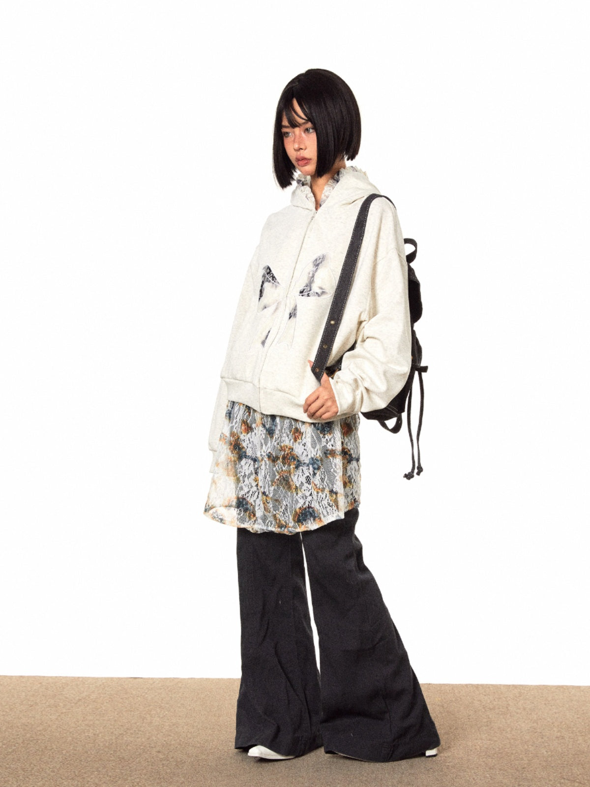 BLACKBB Lace Bow Panelled Cropped Embroidered Zipper Jacket