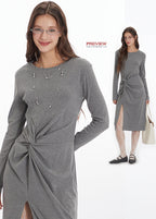 Nariele Slit ruffle design crew waist long Dress