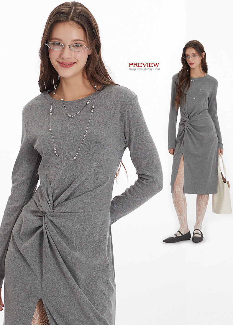 Nariele Slit ruffle design crew waist long Dress