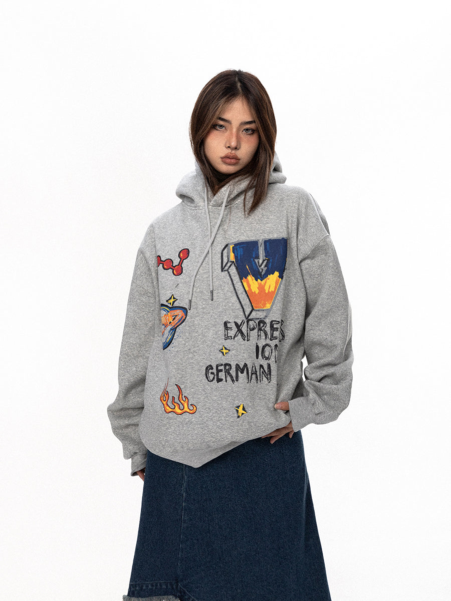 BLACKBB Loose Fleece Cartoon Print Hoodie