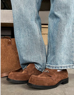 HANQIAORJI Old Money Style Brown Suede Cowhide Loafers