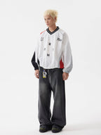 BTSG Wash Distressed Patchwork Smoky Wide Jeans