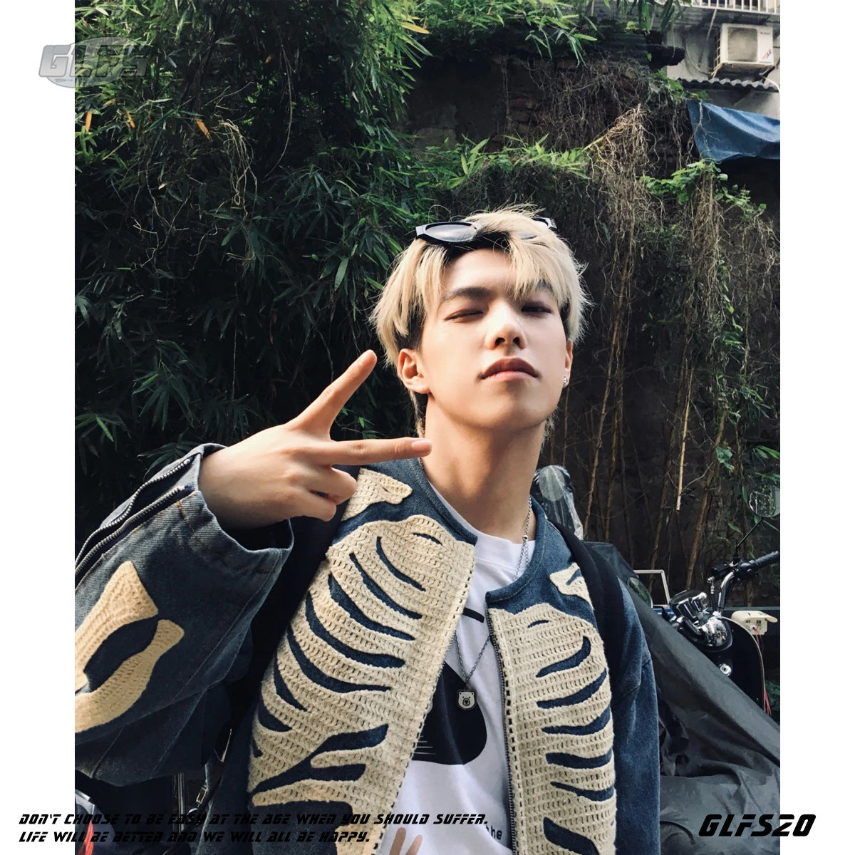 GLFS vintage distressed frame heavy washed embroidered denim jacket