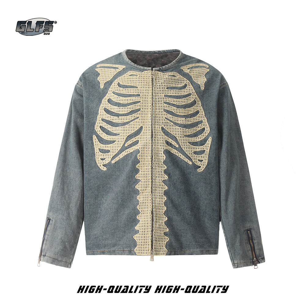 GLFS vintage distressed frame heavy washed embroidered denim jacket