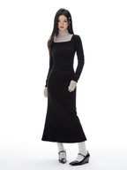 Imone Pleated Waist Mesh Stitching Semi-turtleneck Dress