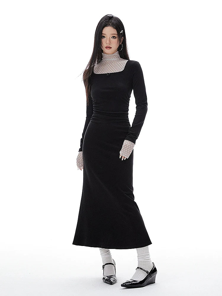 Imone Pleated Waist Mesh Stitching Semi-turtleneck Dress
