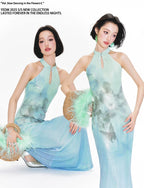 YEDM Butterfly Print Neck Fishtail Dress