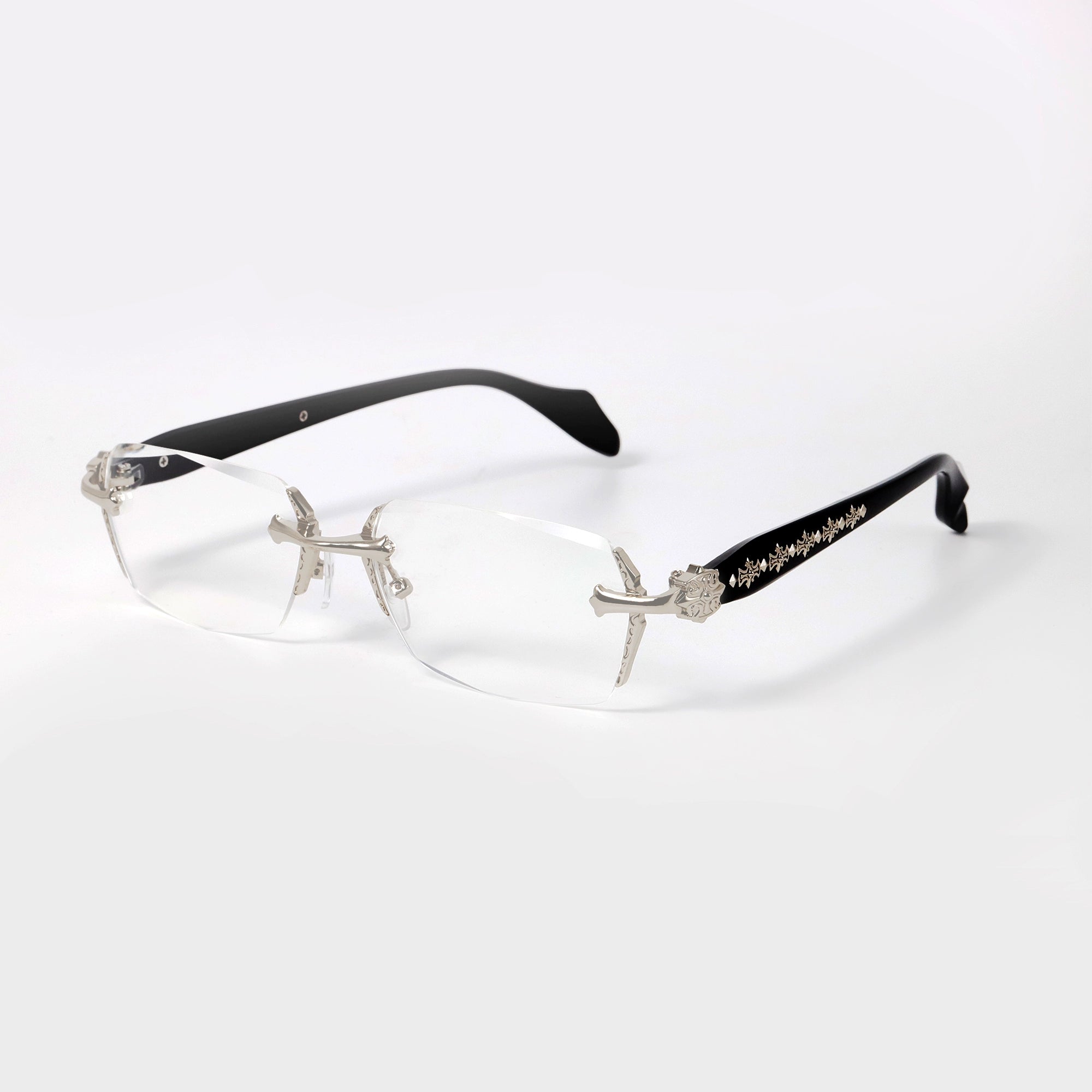 PLCOIN Rimless Carved Retro Cross Metal Glasses Anti-Blue Light Myopia