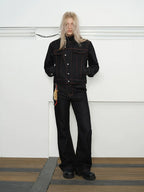 KREATE Contrasting Bright Line Diagonal Placket Stand-up Collar Denim Jacket