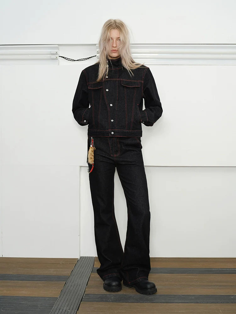 KREATE Contrasting Bright Line Diagonal Placket Stand-up Collar Denim Jacket