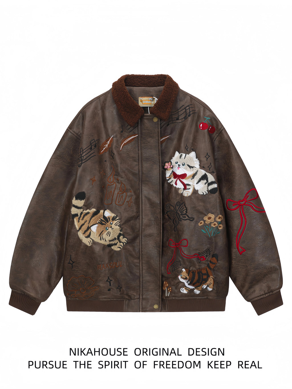 NIKAHOUSE Washed Cute Cat Embroidery Fur Leather Jacket