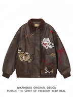 NIKAHOUSE Washed Cute Cat Embroidery Fur Leather Jacket
