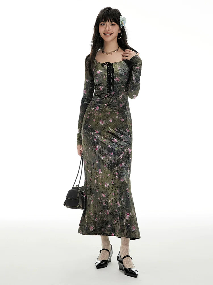 Imone Retro Chest Strap Waist Slim Square Neck Velvet Dress