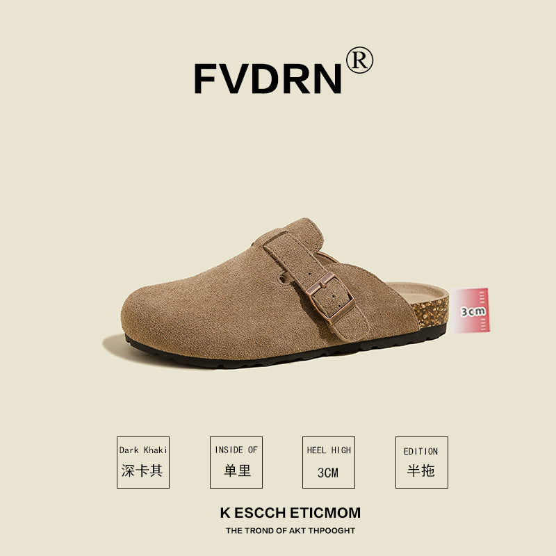 FVDRN Genuine Leather Cork Sole Clog Slippers