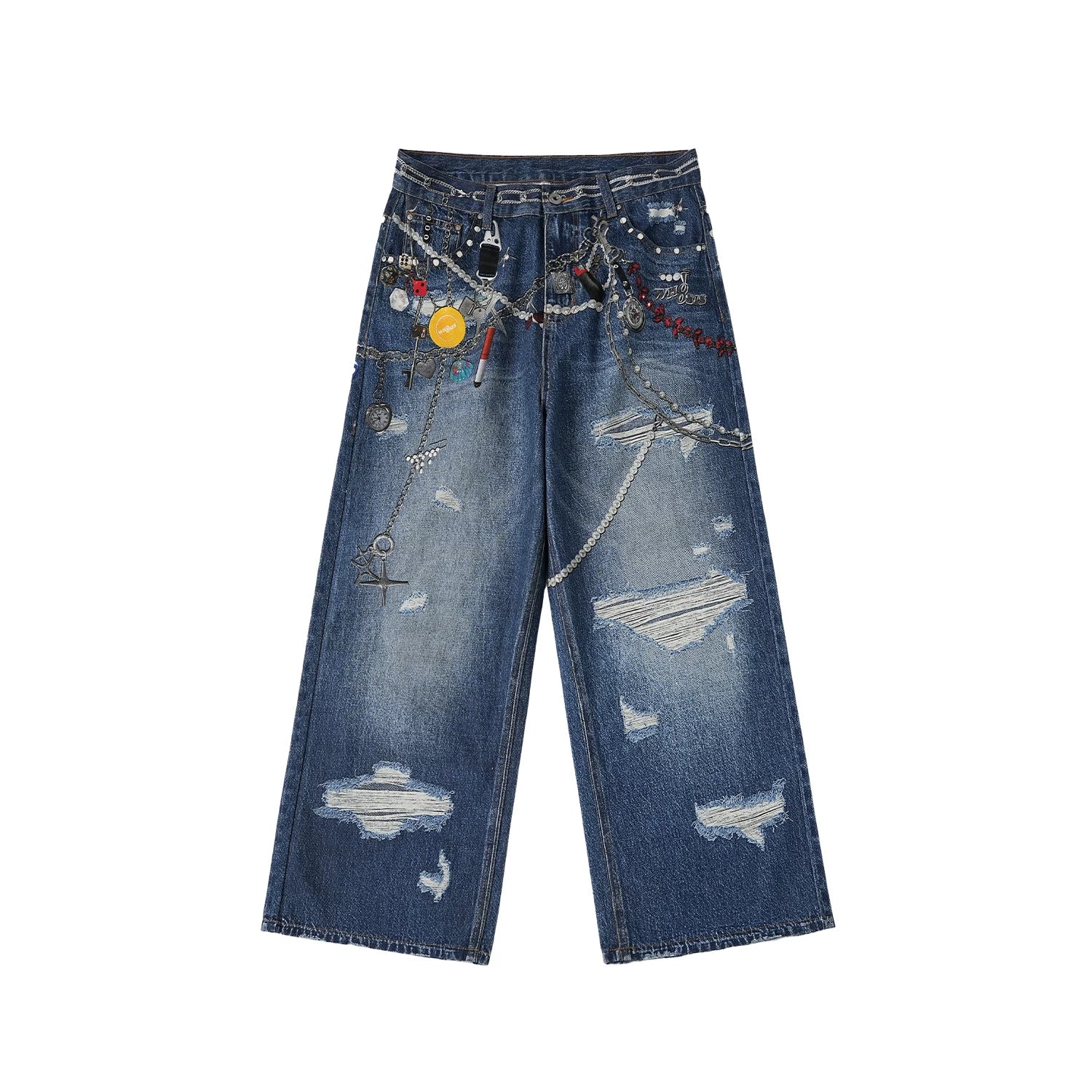 WHOOSIS Decorative Patch Denim Print Pants