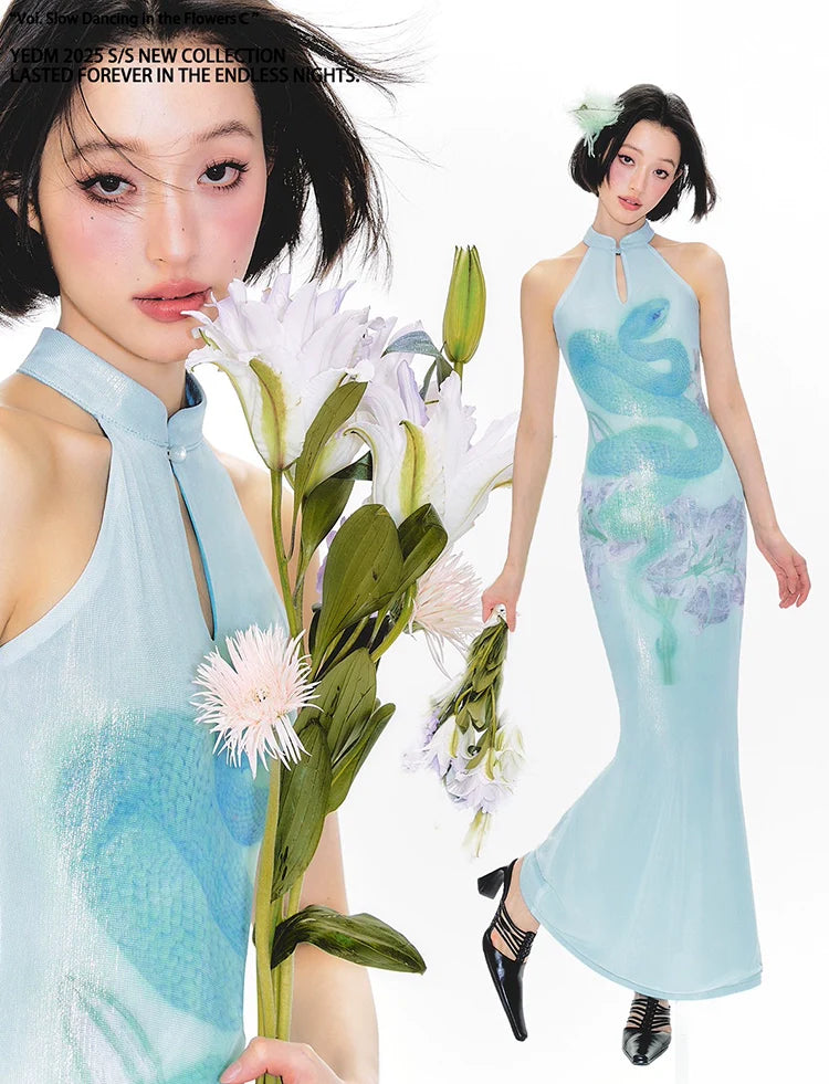 YEDM Blue Snake Print Neck Cheongsam Dress