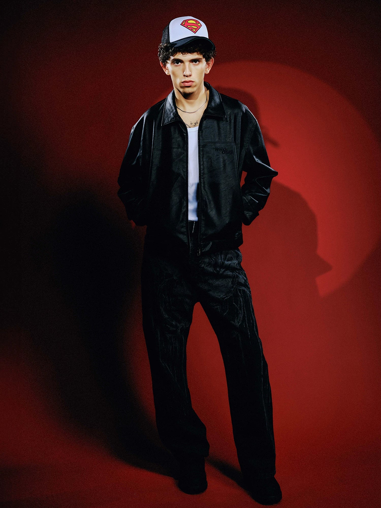 WHOOSIS Superman LOGO Embossed Leather Jacket