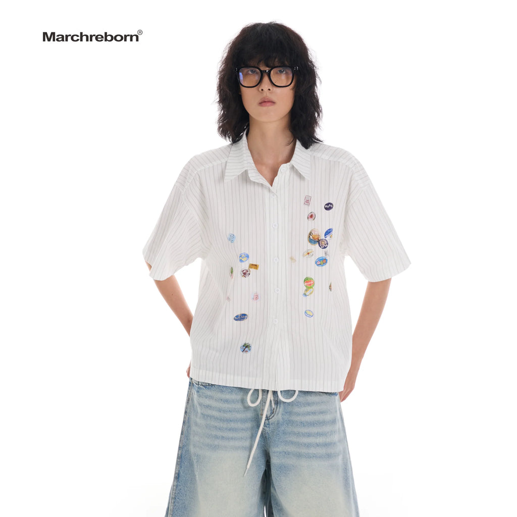 March Easy Sticker Printed Striped Short Sleeve Shirt