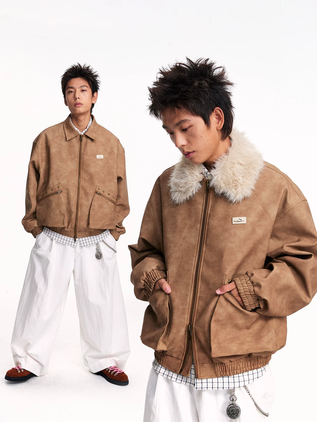 Mr. Jiangnan NewJNXS Retro PU Leather Jacket with Detachable Fur Collar