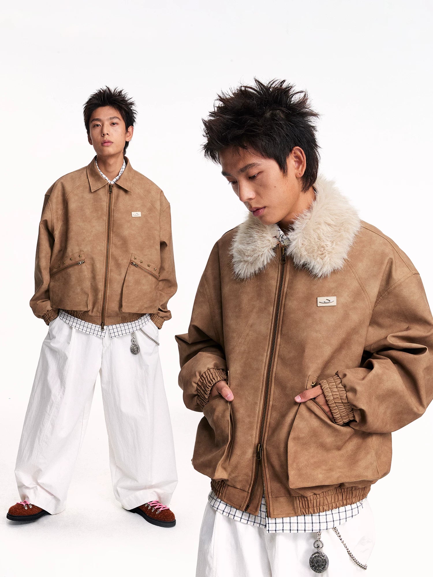 Mr. Jiangnan NewJNXS Retro PU Leather Jacket with Detachable Fur Collar