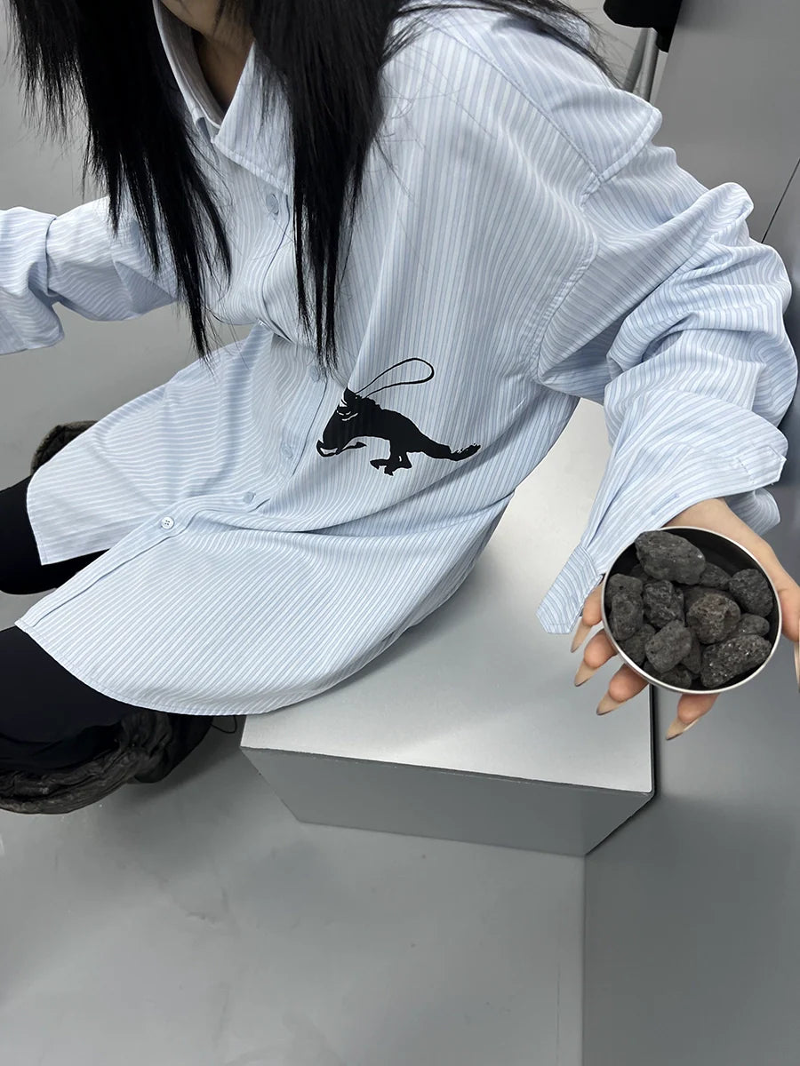 FUZZYKON Lapel Simple Equestrian Print Loose Shirt