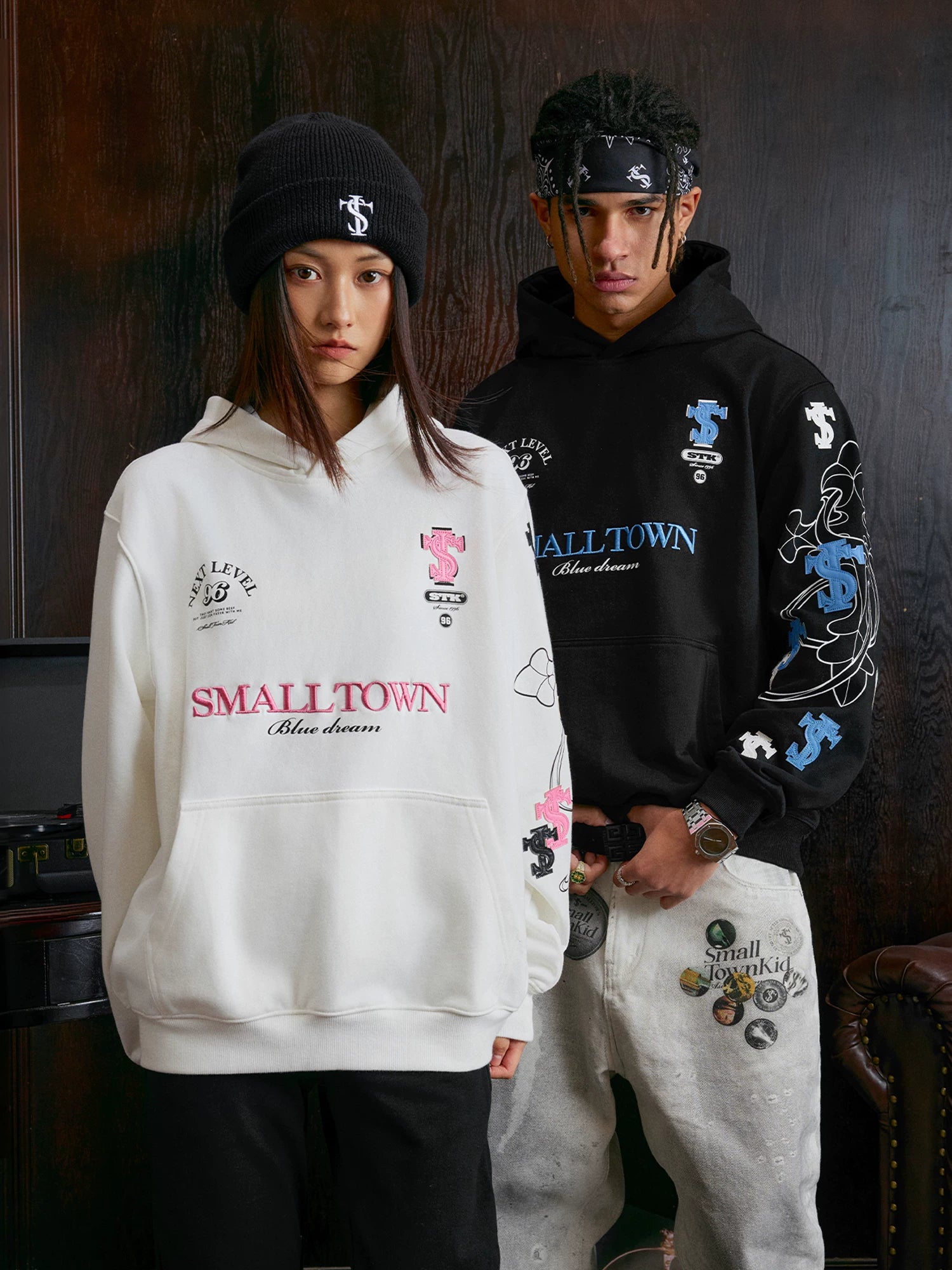 STK SmallTownKid Cross Patch Leather Hooded Sweatshirt