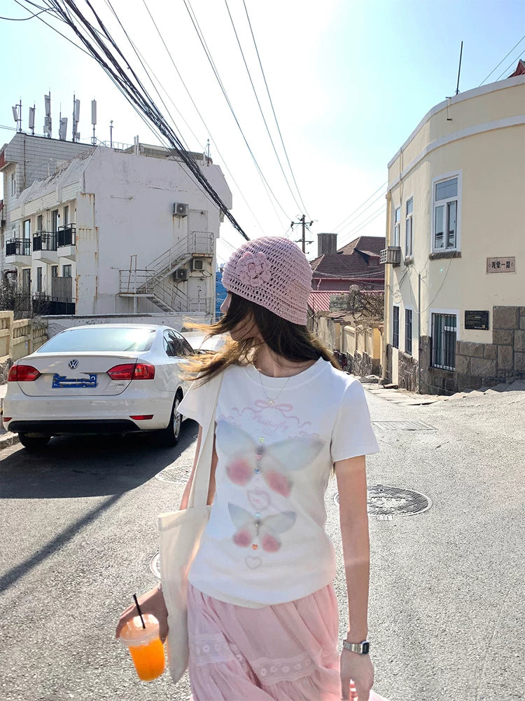 CCKOK Dream Butterfly Print Slim Shoulder T Shirt