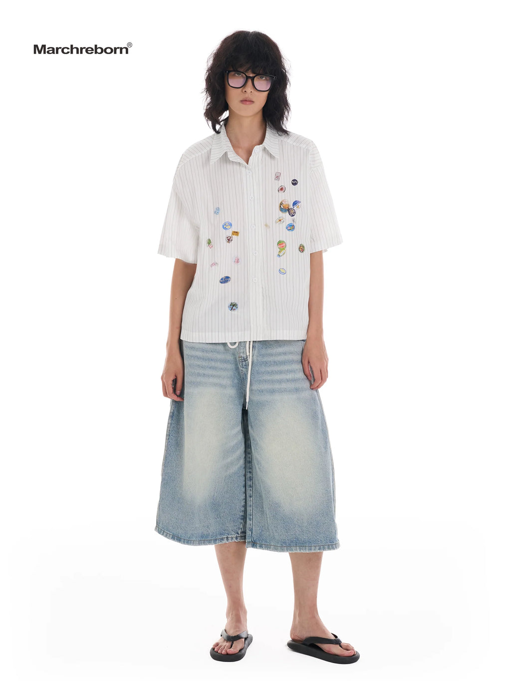 March Easy Sticker Printed Striped Short Sleeve Shirt