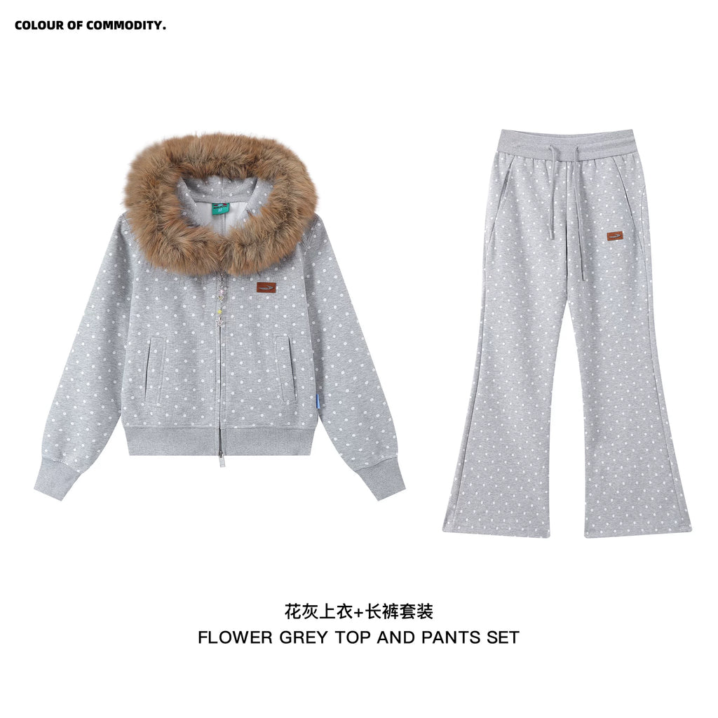 Mr. Jiangnan NewJNXS Polka Dot Detachable Fur Collar Cropped Cardigan Sweatshirt Set