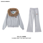 Mr. Jiangnan NewJNXS Polka Dot Detachable Fur Collar Cropped Cardigan Sweatshirt Set
