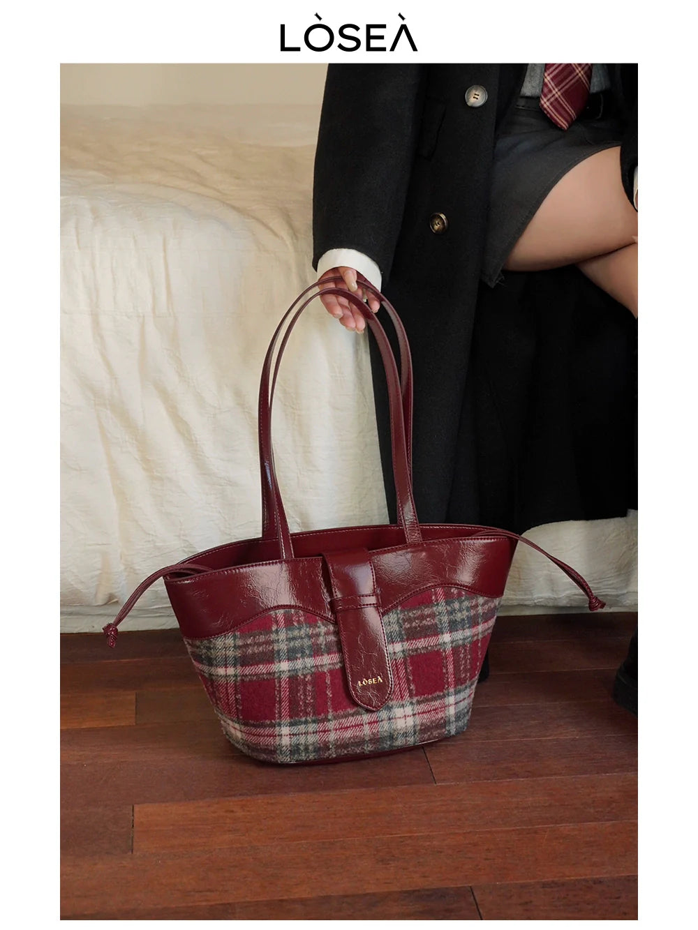 LOSEA Large Capacity Plaid Shoulder Bag