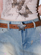 Darkblue Store Wasteland Star Carved Maillard Brown Belt