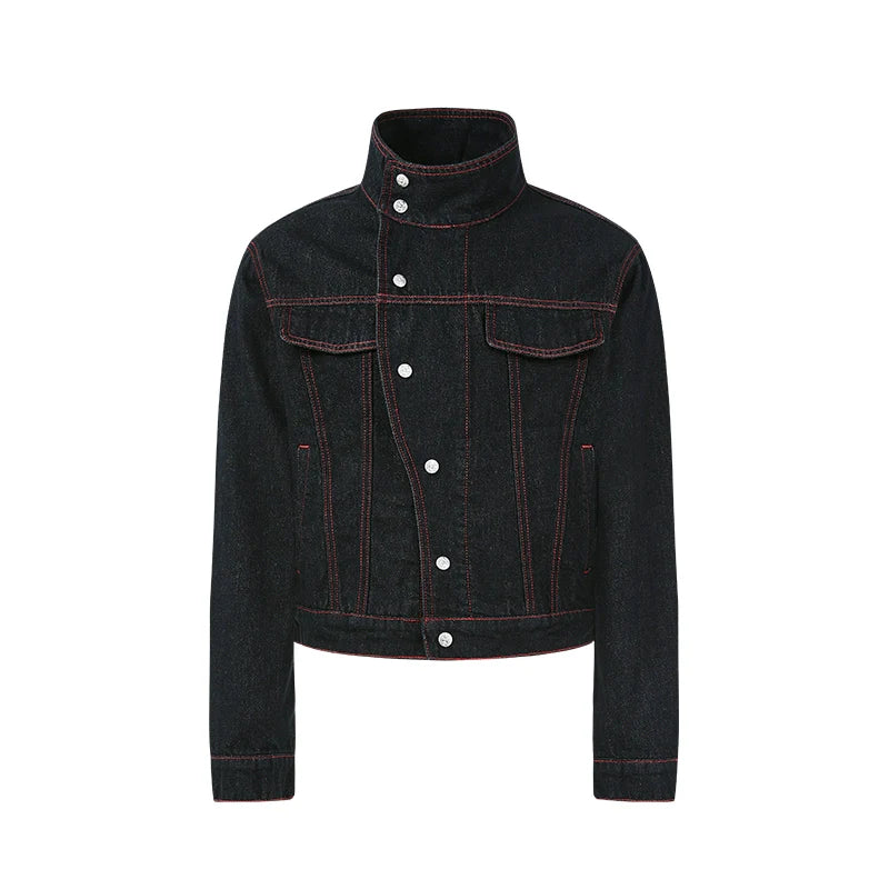 KREATE Contrasting Bright Line Diagonal Placket Stand-up Collar Denim Jacket