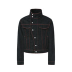 KREATE Contrasting Bright Line Diagonal Placket Stand-up Collar Denim Jacket