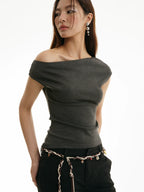 FUNKYFUN Irregular Slanted Shoulder Short Sleeve Tee